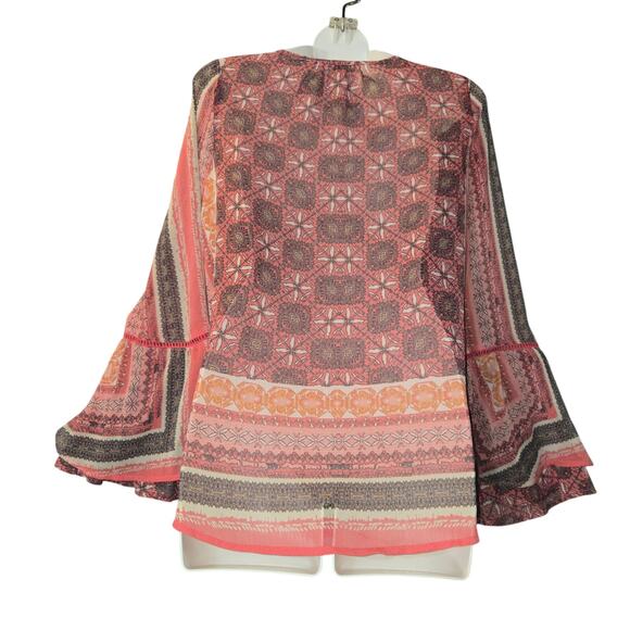 Knox Rose Womens XS Blouse Top Sheer Floral Boho Colorful Bell Sleeves Hippie - Picture 5 of 11